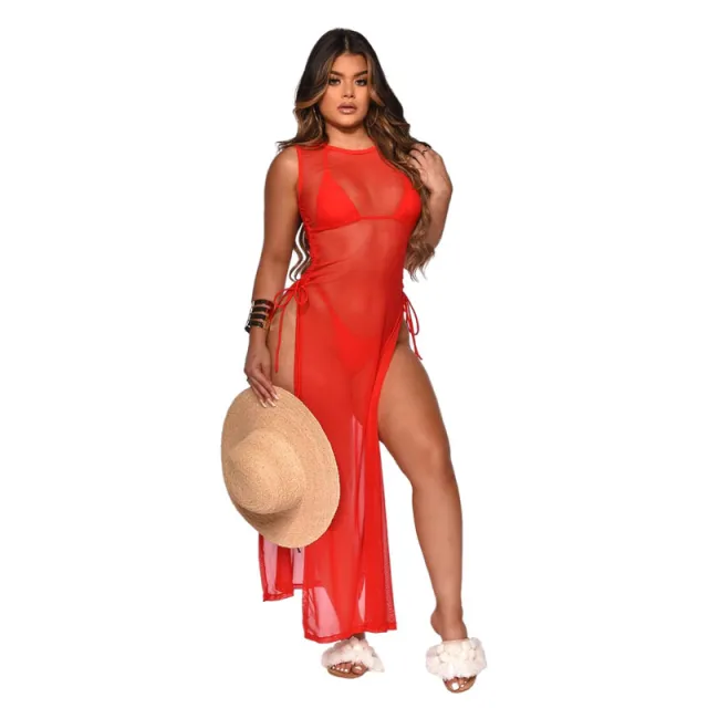 European And American Cross border Women's Independent Station Vacation Style Mesh Blouse Bikini Swimsuit Three piece Suit Red - Shop at LoveMi