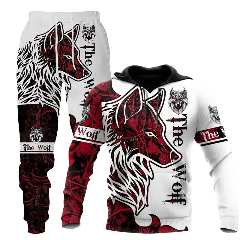 3D Wolf Print Tracksuit Men Sportswear Hooded Sweatsuit Two