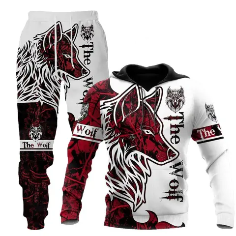 3D Wolf Print Tracksuit Men Sportswear Hooded Sweatsuit Two