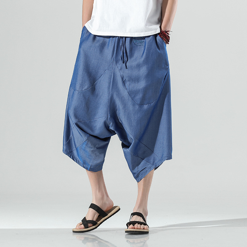 Chinese Style Men's Ice Silk Wide-leg Pants Loose Large Size Solid Color Big Crotch Cropped Trousers