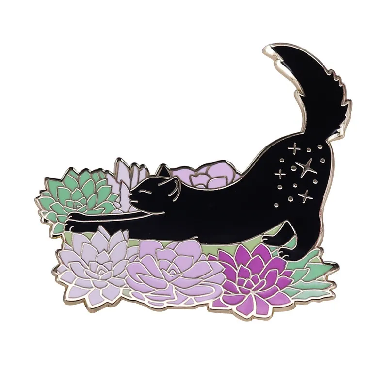 Stretching Cat Brooch Mashup Badge - Gold