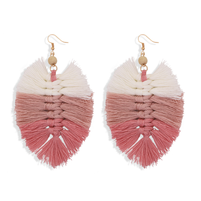 Handmade Gradient Tassel Earrings Leaf Shape Ethnic Style Earrings Exotic Holiday Earrings