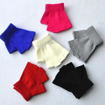 Children's Solid Color Needle Warm Half-finger Gloves