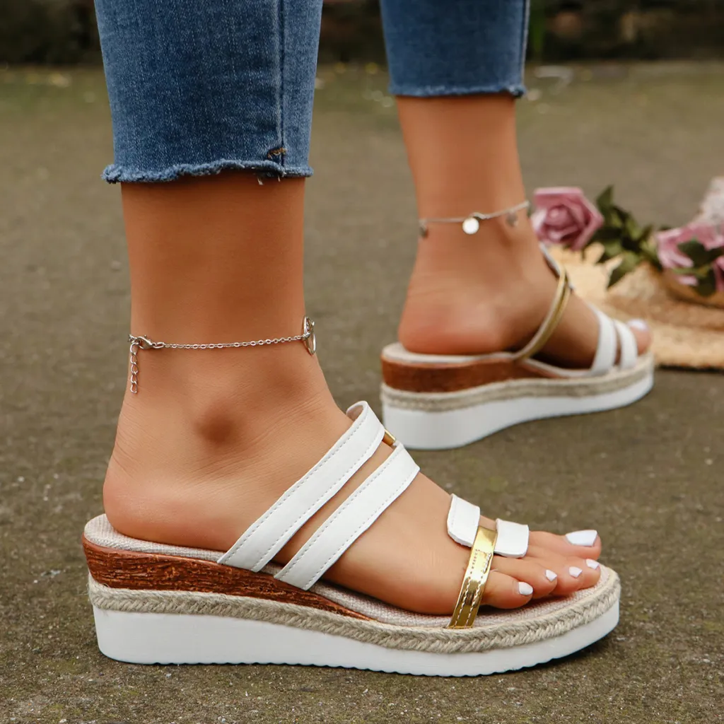 Colourblock-strap Wedges Sandals Summer Fashion Hemp Heel Slides Slippers Outdoor Thick Bottom Fish Mouth Shoes For Women - White