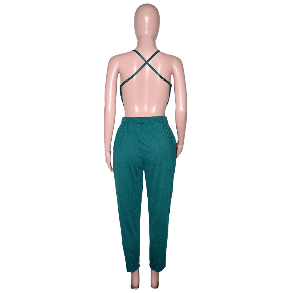 Women's Summer Solid Color Sling High Waist Stretch Harem Pants Suit