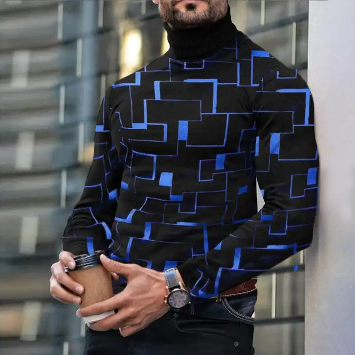 Autumn Winter Men's Long Sleeve Turtleneck T Shirt Printed Casual Top