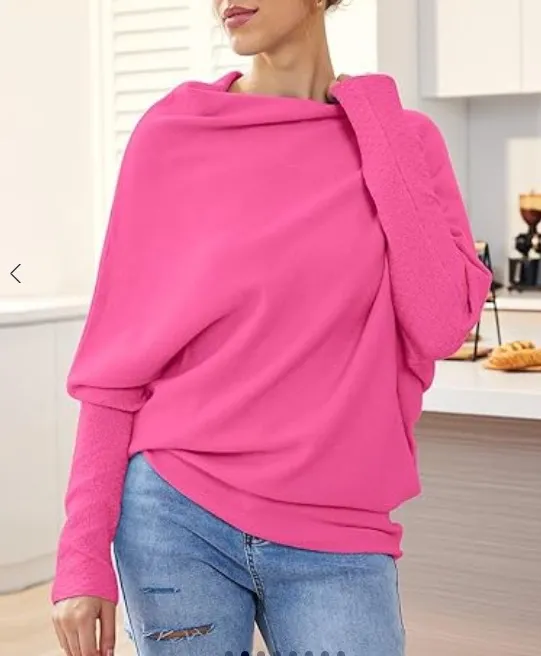 Solid Off shoulder Batwing Sleeve Sweater Fashion Round Neck Temperament Pullover Top Womens Clothing Shiny Pink - Shop at LoveMi