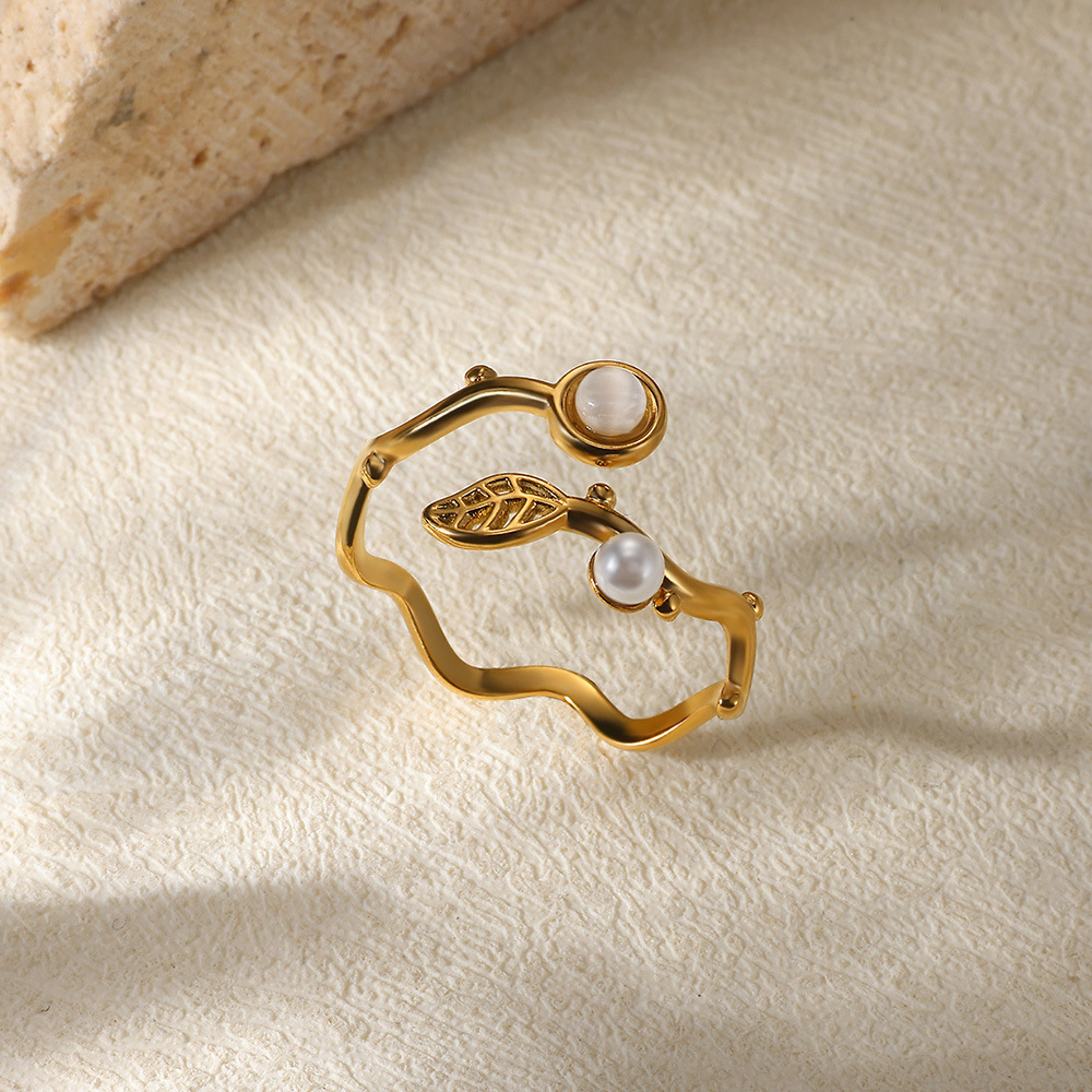 18K Gold Plated Faux Pearl Heart Ring Geometric Stainless Steel Open Jewelry — foto 4