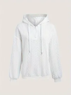 Women's Spring And Autumn Solid Color Zipper Shoulder Drawstring Casual Hoodie - White - View 1