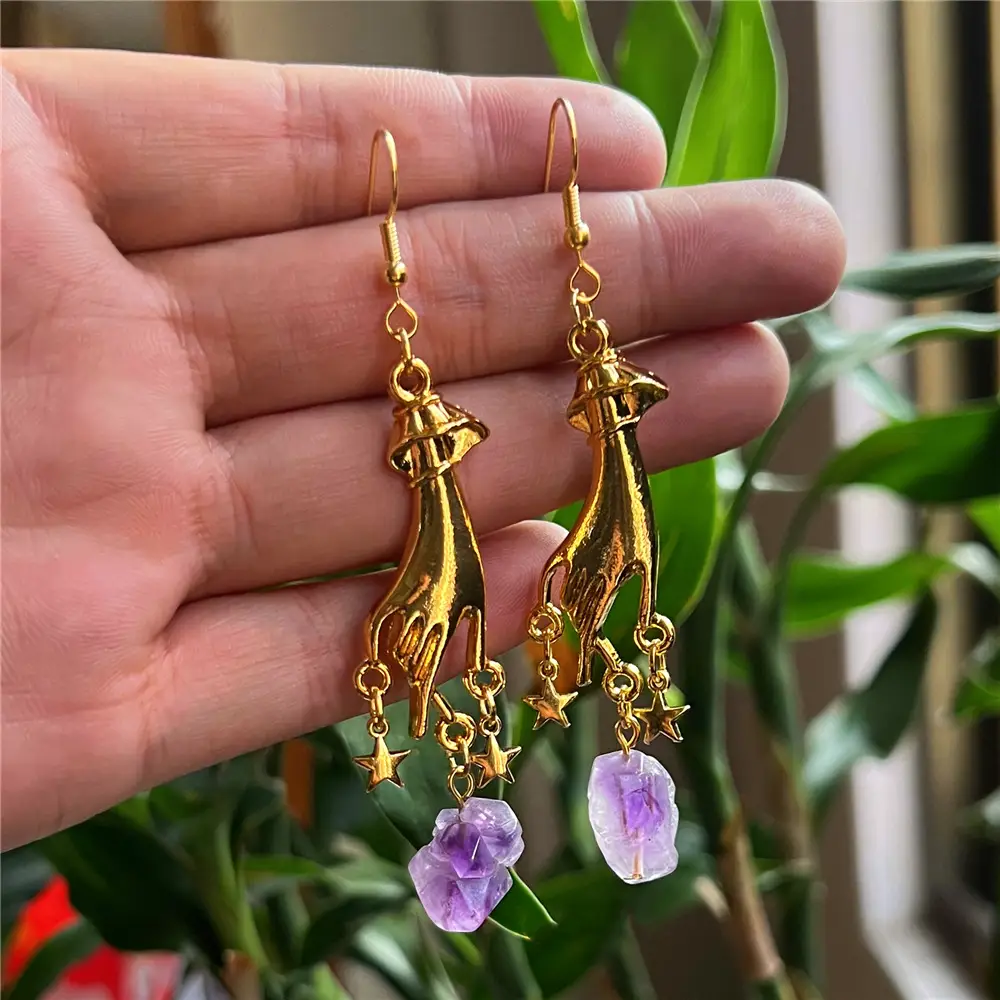 Gold And Silver Hand Pendant Earrings Amethyst Lotus Pendant