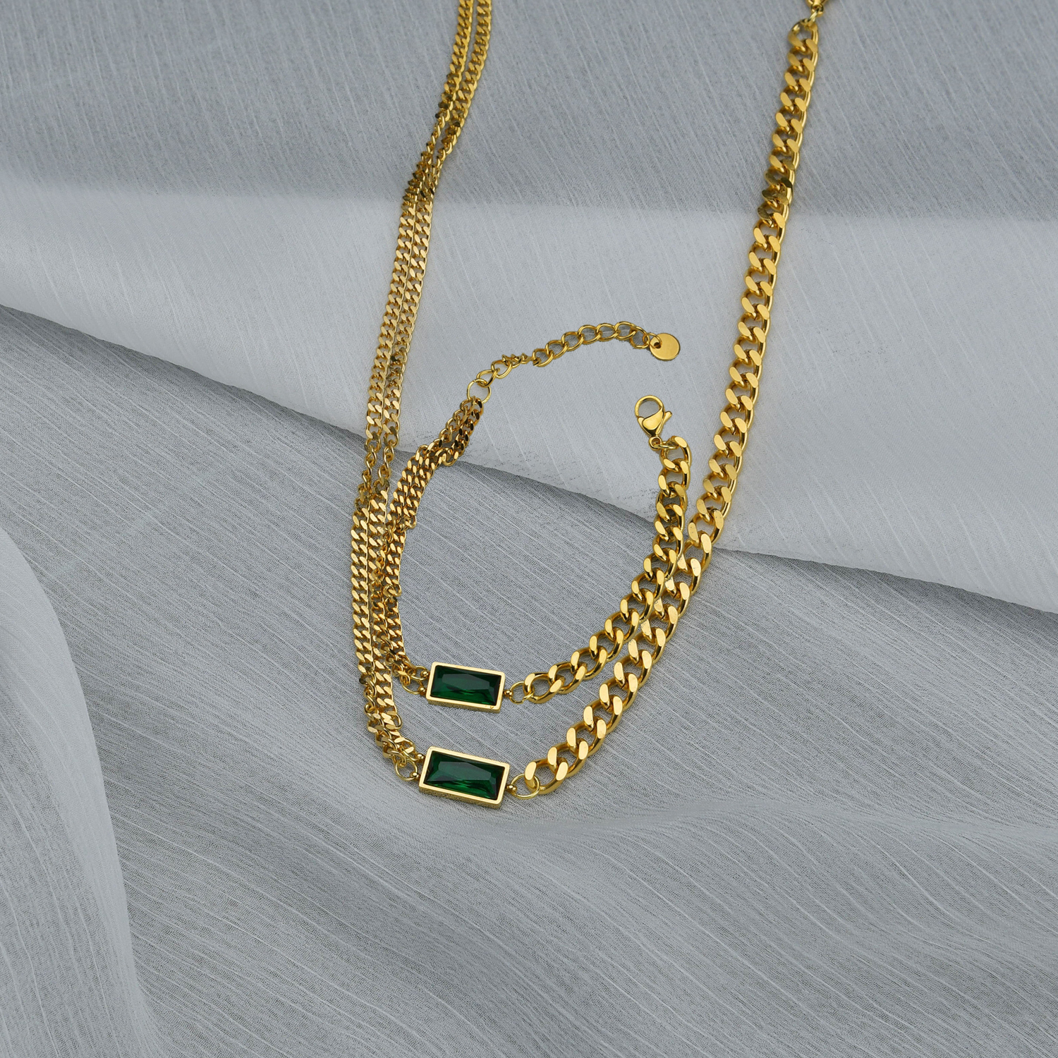Stainless Steel Cuban Chain Birthstone Green Crystal  Necklace