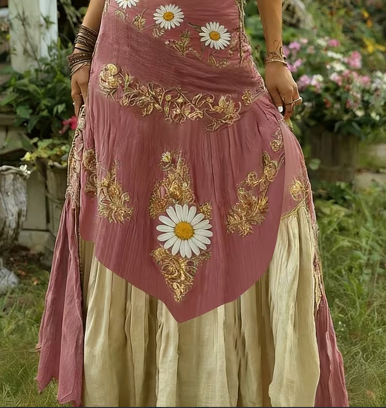 Vintage Cotton-Linen Floral Embroidery Boho Skirt