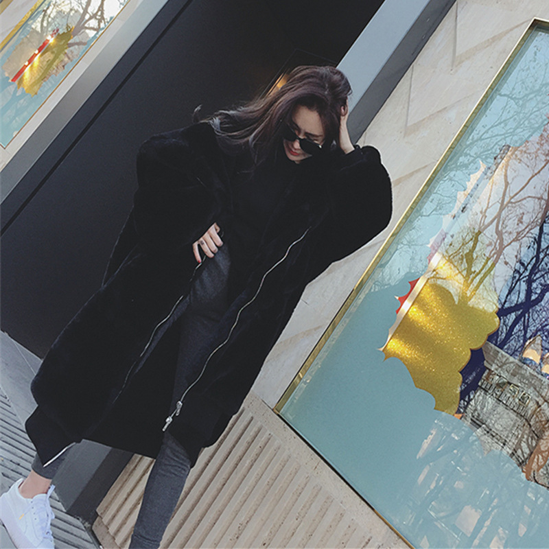 Rex Rabbit Fur Thickened Long Hooded Fur Coat Women Black - Shop at LoveMi