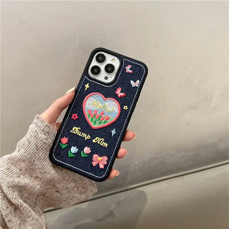 Ins Jeans Embroidery Flower Love Mobile Phone Case