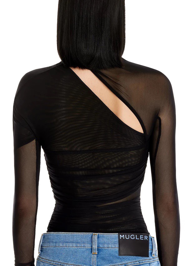 Irregular Turtleneck Mesh Hollow Printed One-shoulder Top