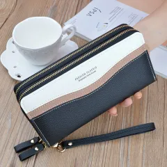 Ladies Long Double Zipper Contrasting Color Large Capacity Clutch - Black - View 1