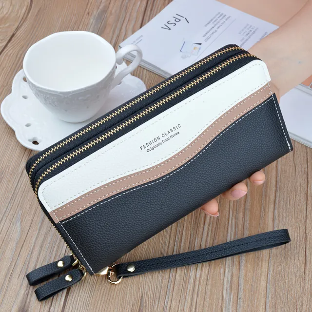 Ladies Long Double Zipper Contrasting Color Large Capacity Clutch Black - Shop at LoveMi