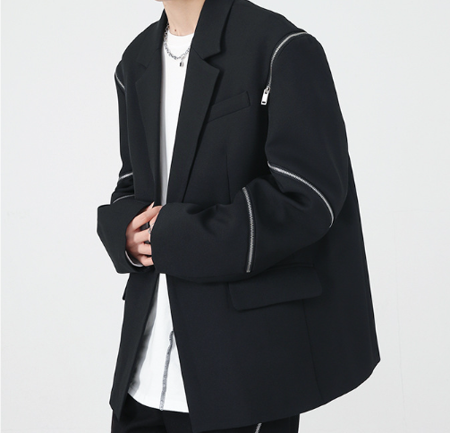 Men's Zippered Sleeve Splicing Black Suit