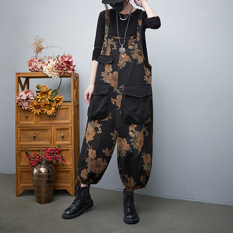 Title 2, Slim Print Denim Overalls With Large Pockets