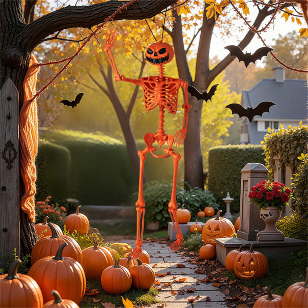 5.5ft Life-Size Halloween Skeleton with Pumpkin Head - Orange Color, Fully Poseable Joints (Jaw/Shoulders/Knees), PP+PE Material-21