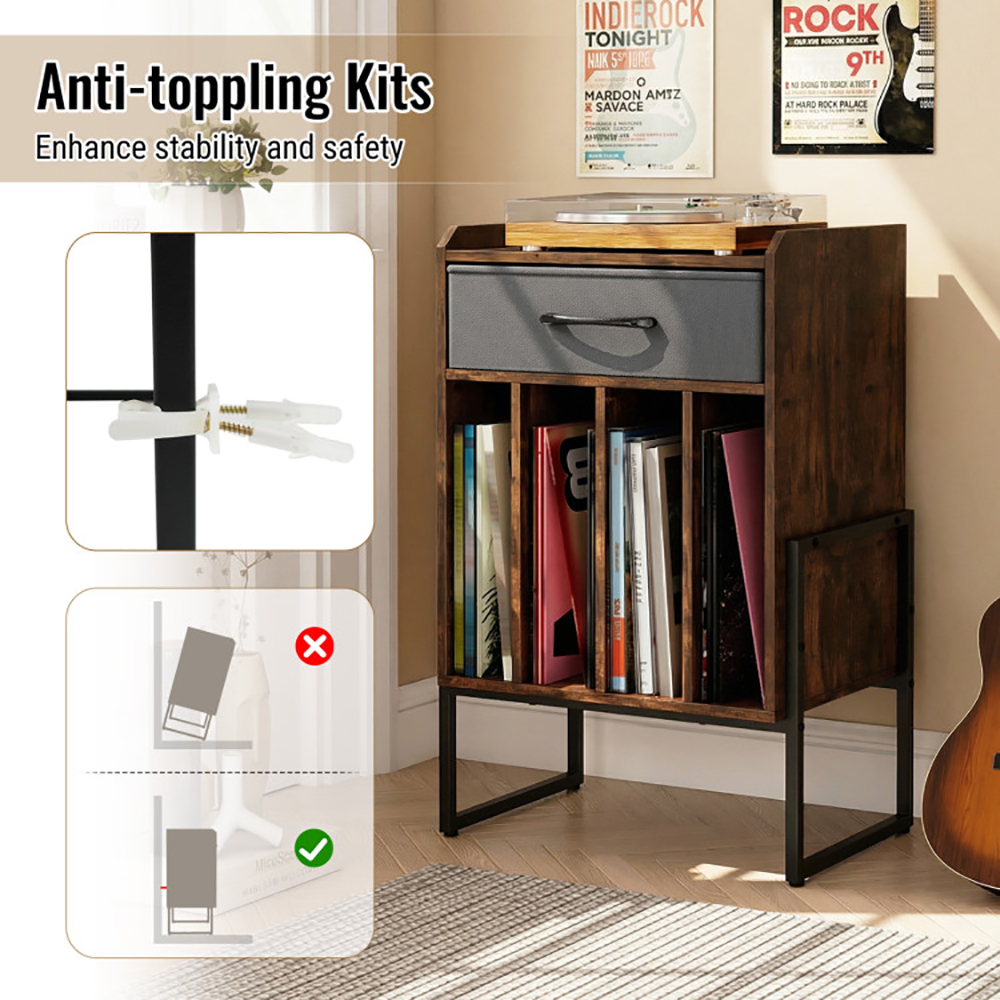 Record Player Stand With Drawer And Record Holder For Music Room, Living Room And Study
