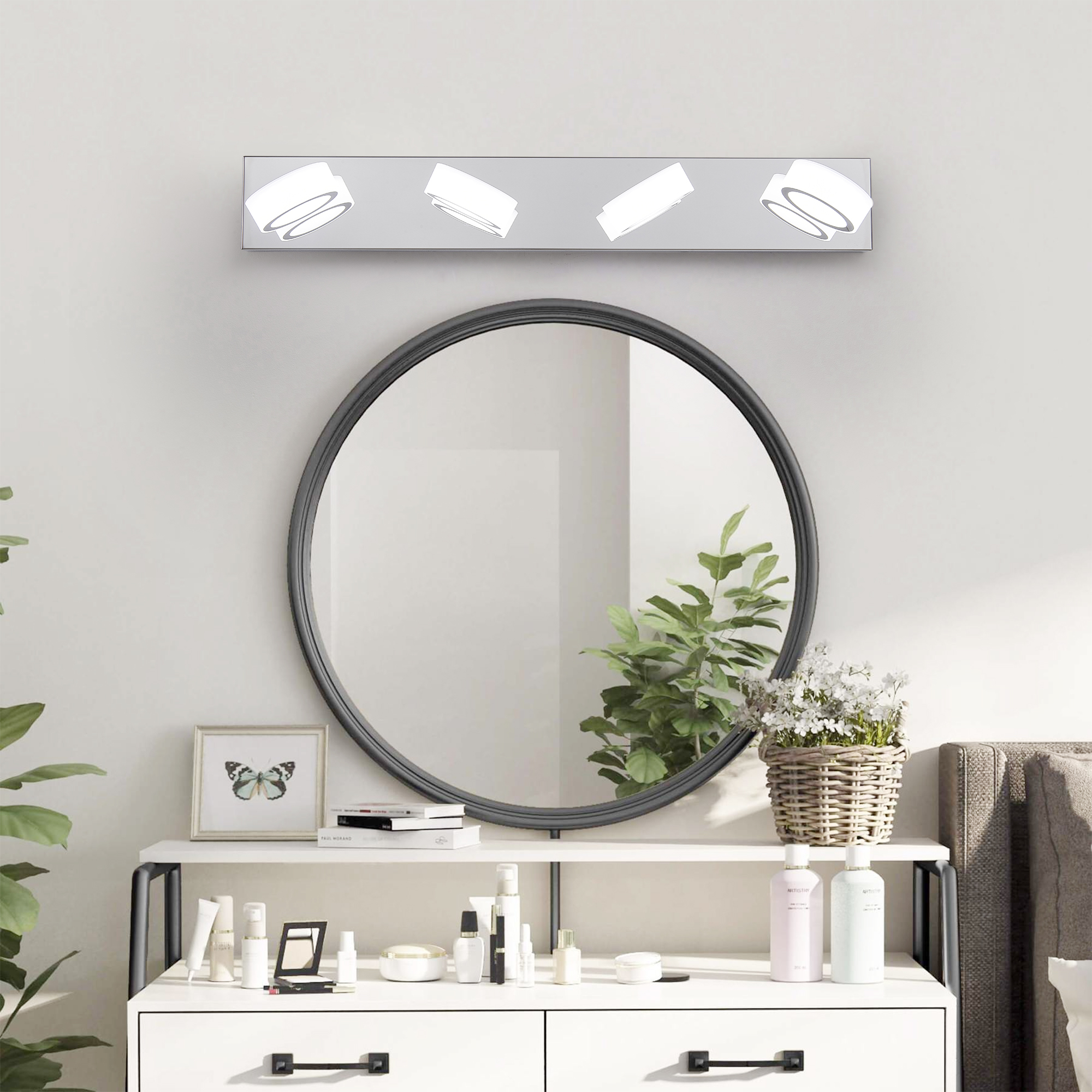 29 Modern 4-Light LED Vanity Light, Sleek Chrome Bathroom Wall Light Fixture For Mirror, Shower, And Bathroom Decor