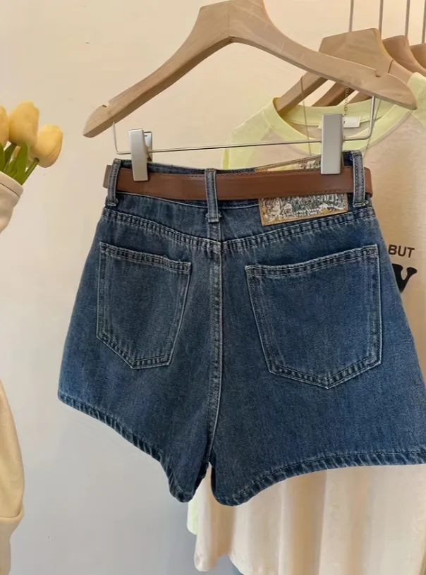 High Waist Denim Shorts For Women, Loose Design, Niche Retro Wide leg A line Thin Hot Pants Dark Blue - Shop at LoveMi