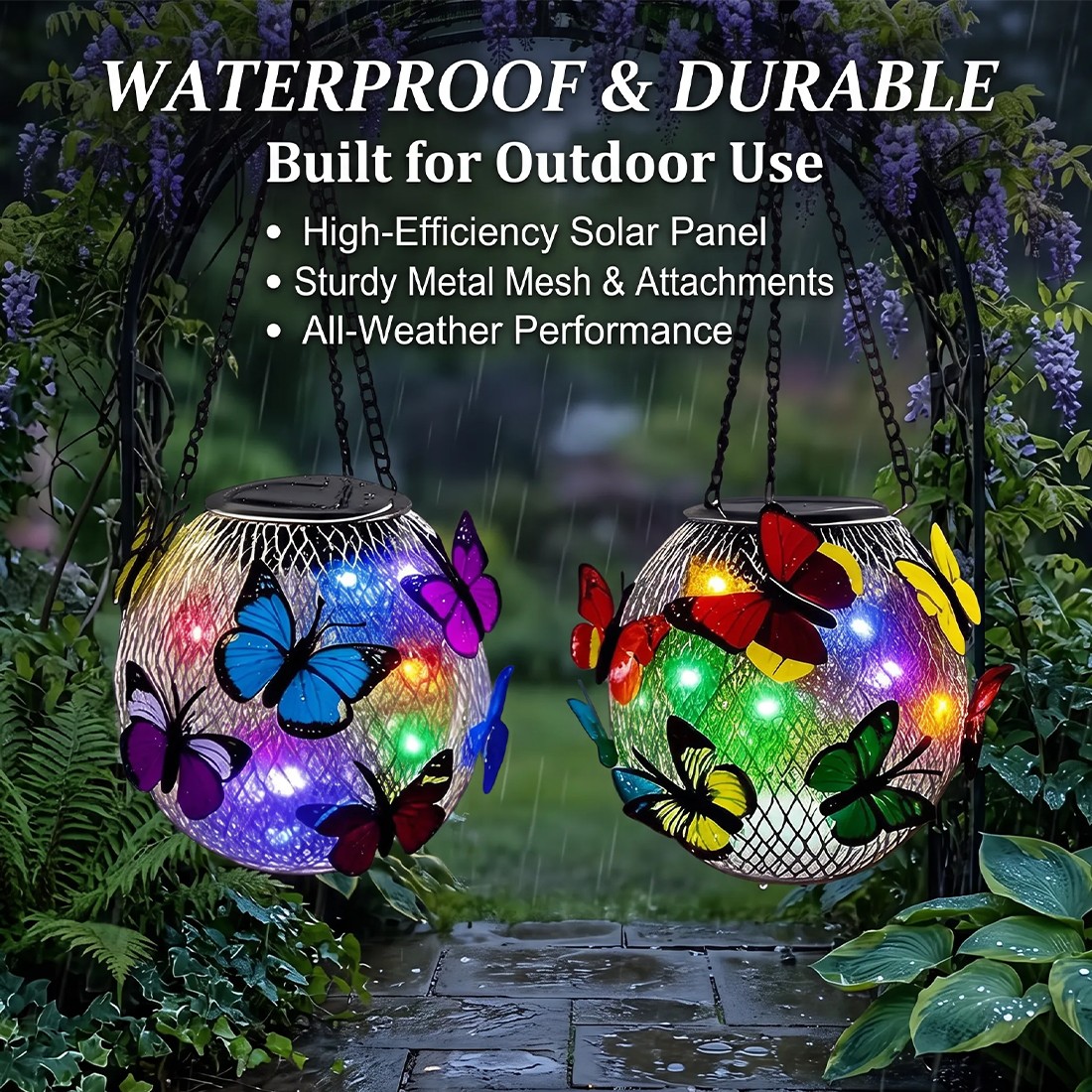 2pcs Hanging Butterfly Pendant Solar Power LED Light Mesh Orb Yard Garden Decor — image 9