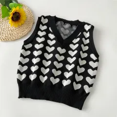 Women's Love Knitted V Neck Vest - Black - View 1