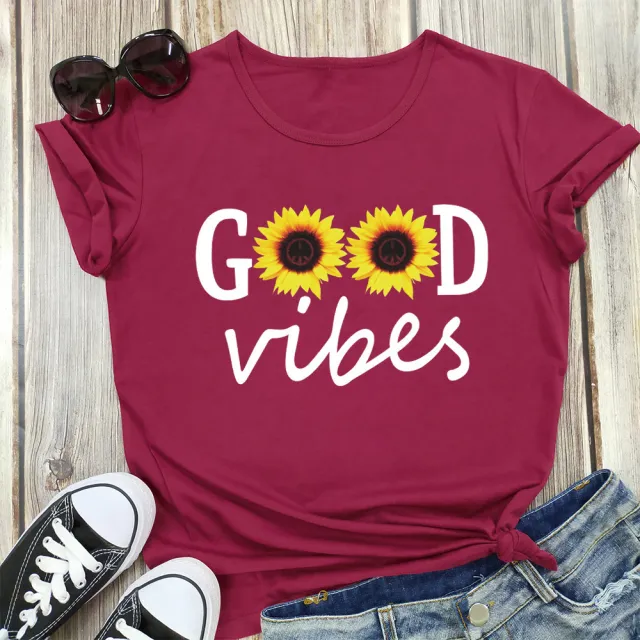 Letter Sunflower Print Ladies Short Sleeve O Neck Loose T Shirt Summer Ladies Wine Red - Shop at LoveMi