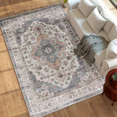 8x10 Area Rug, Vintage Machine Washable Rug, Non-Slip Carpet For Living Room, Bedroom, Dining Room, Brown & Light Blue - Blue - View 1