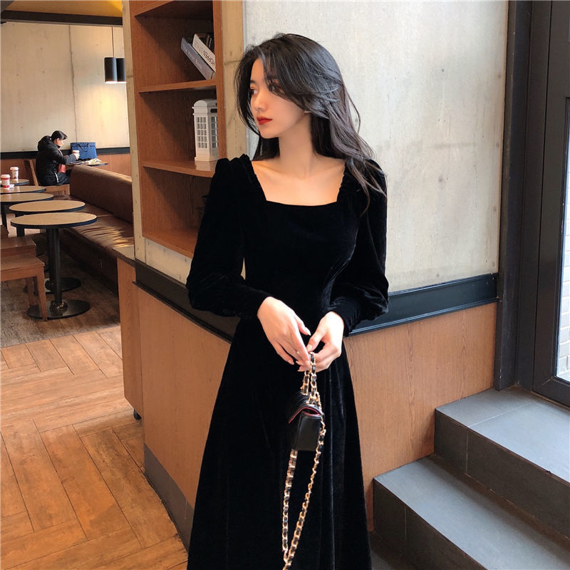 Gold Velvet Women's Slim Square Neck Hepburn Style Autumn And Winter Long Dress Black - Shop at LoveMi