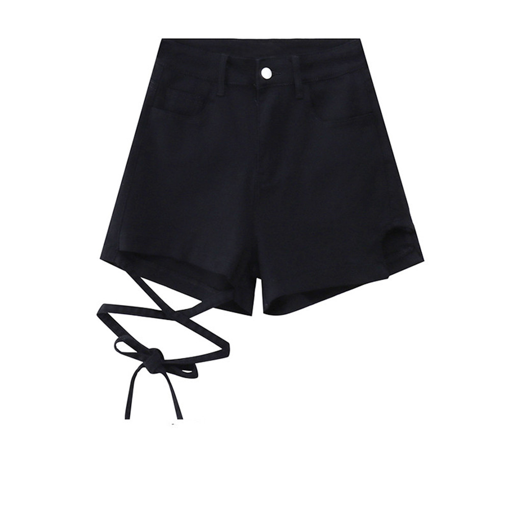 Women's Black Denim Shorts High Waist Slim Fit Strap Black - Shop at LoveMi