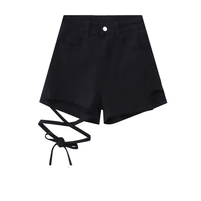 Women's Black Denim Shorts High Waist Slim Fit Strap Black - Shop at LoveMi