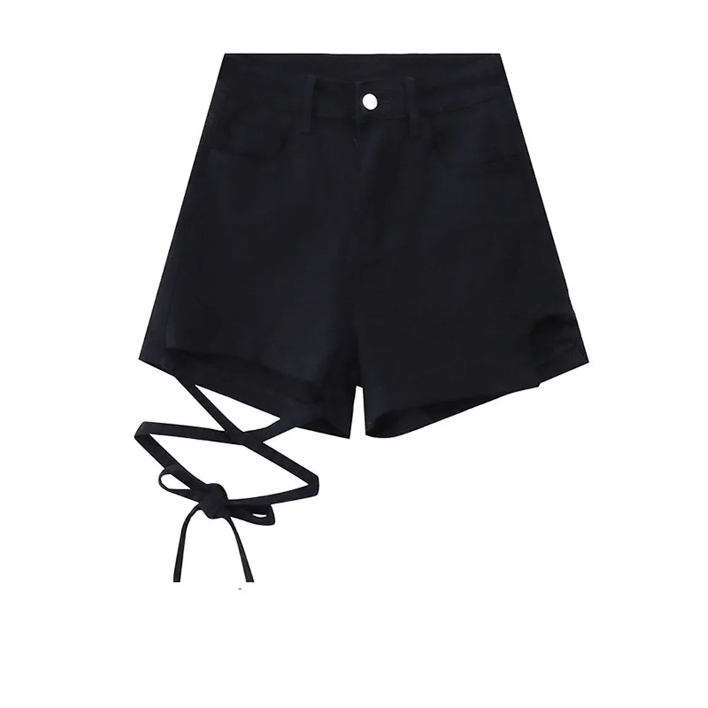 Women's Black Denim Shorts High Waist Slim Fit Strap - Black