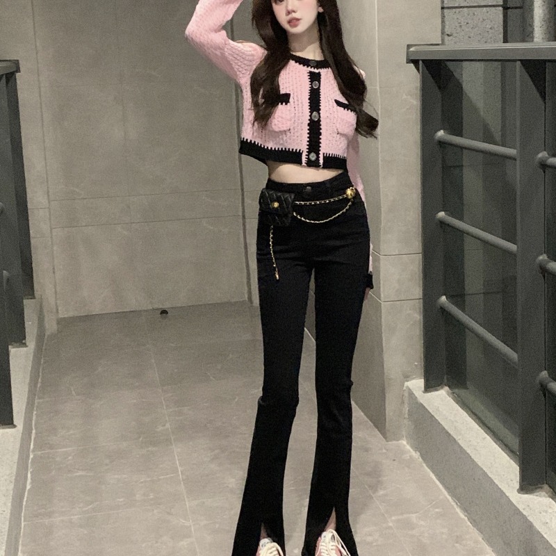 Round Neck Long Sleeve Knit Button Fitted Jacket