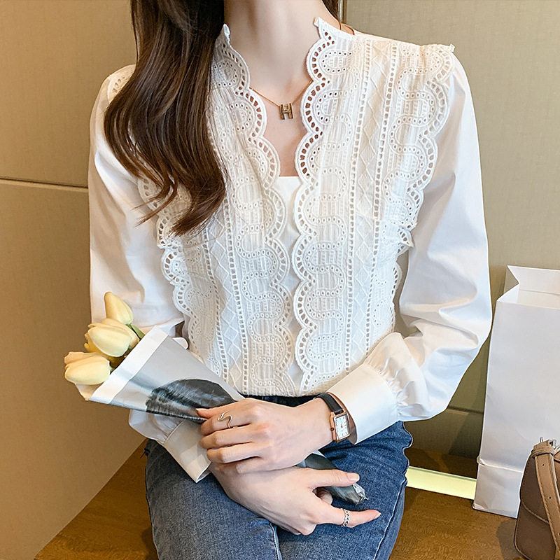 Lace Hollow Stitching Loose Puff Sleeve Shirt