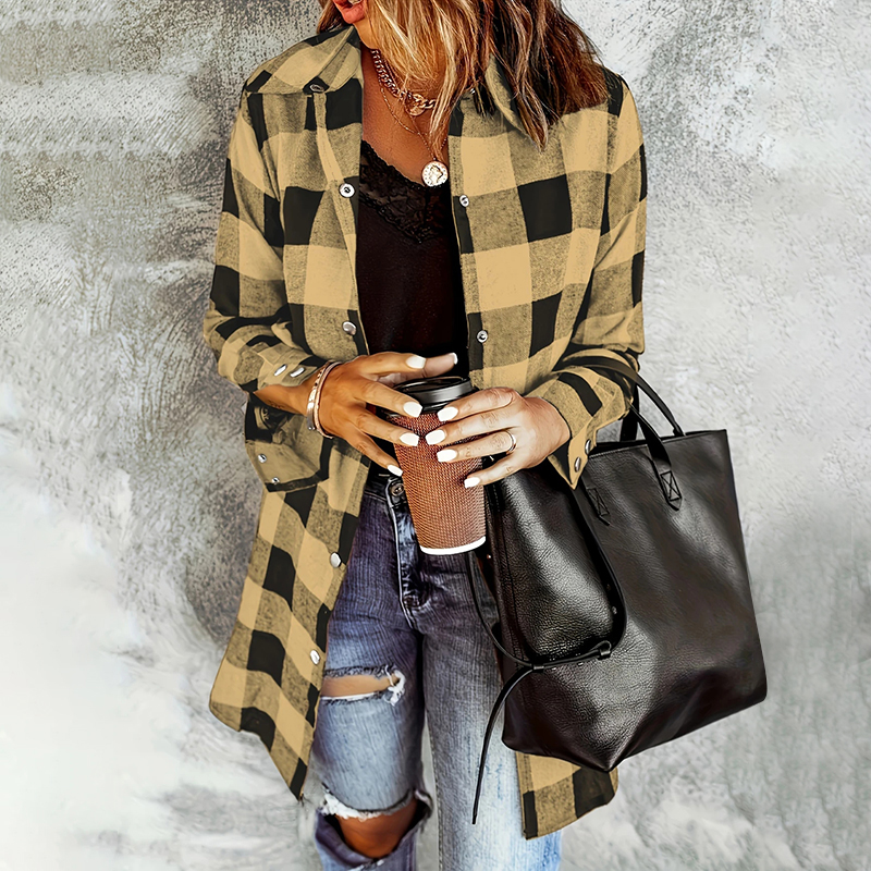 Women's Long Sleeve Plaid Print Button Front Casual Shirt For Spring & Fall Sunflower Color - Shop at LoveMi