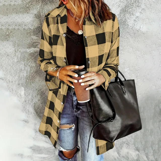 Women's Long Sleeve Plaid Print Button Front Casual Shirt For Spring & Fall Sunflower Color - Shop at LoveMi