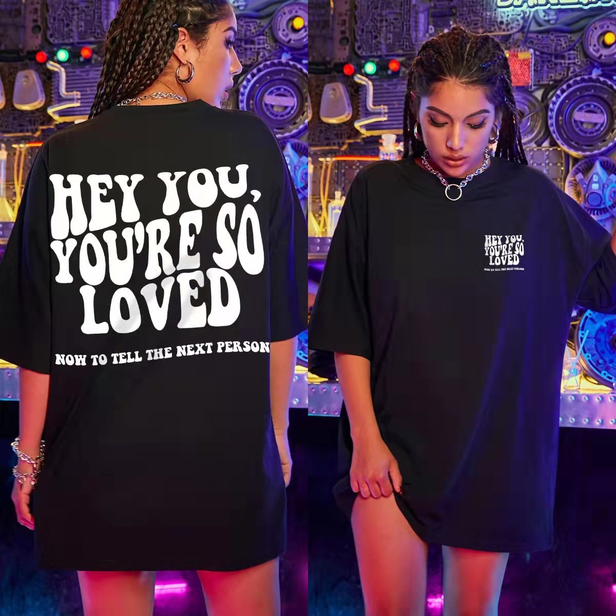 Front And Back Letter Print European And American Drop Shoulder Short Sleeves