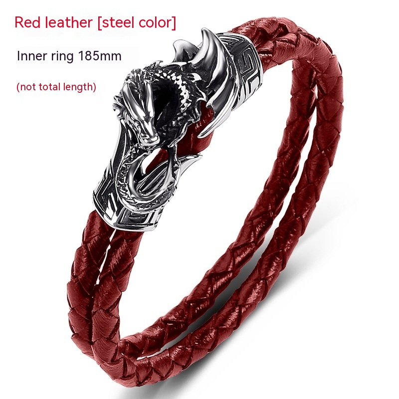 Genuine Leather Braided Rope Double Ring Simple Bracelet Dragon Titanium Steel Fashion