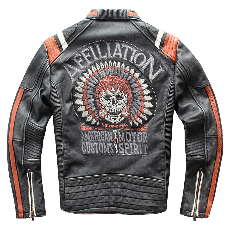 Top Layer Cowhide Distressed Stand Collar Slim Fit Embroidered Motorcycle Suit Leather Jacket Jacket
