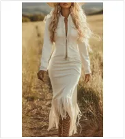 Lady's Long-Sleeved Long-Length Tassel Dress - White - View 1