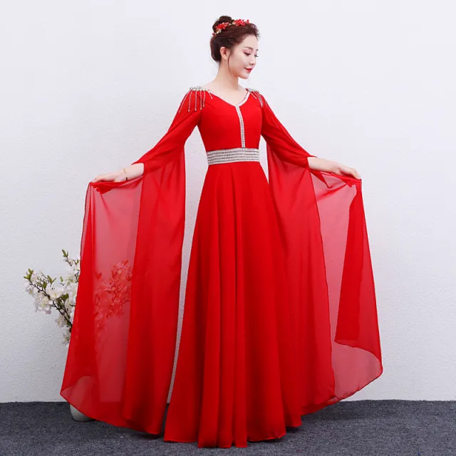 The Red Long Guzheng Performance Dress Is Elegant And Slim Red - Shop at LoveMi