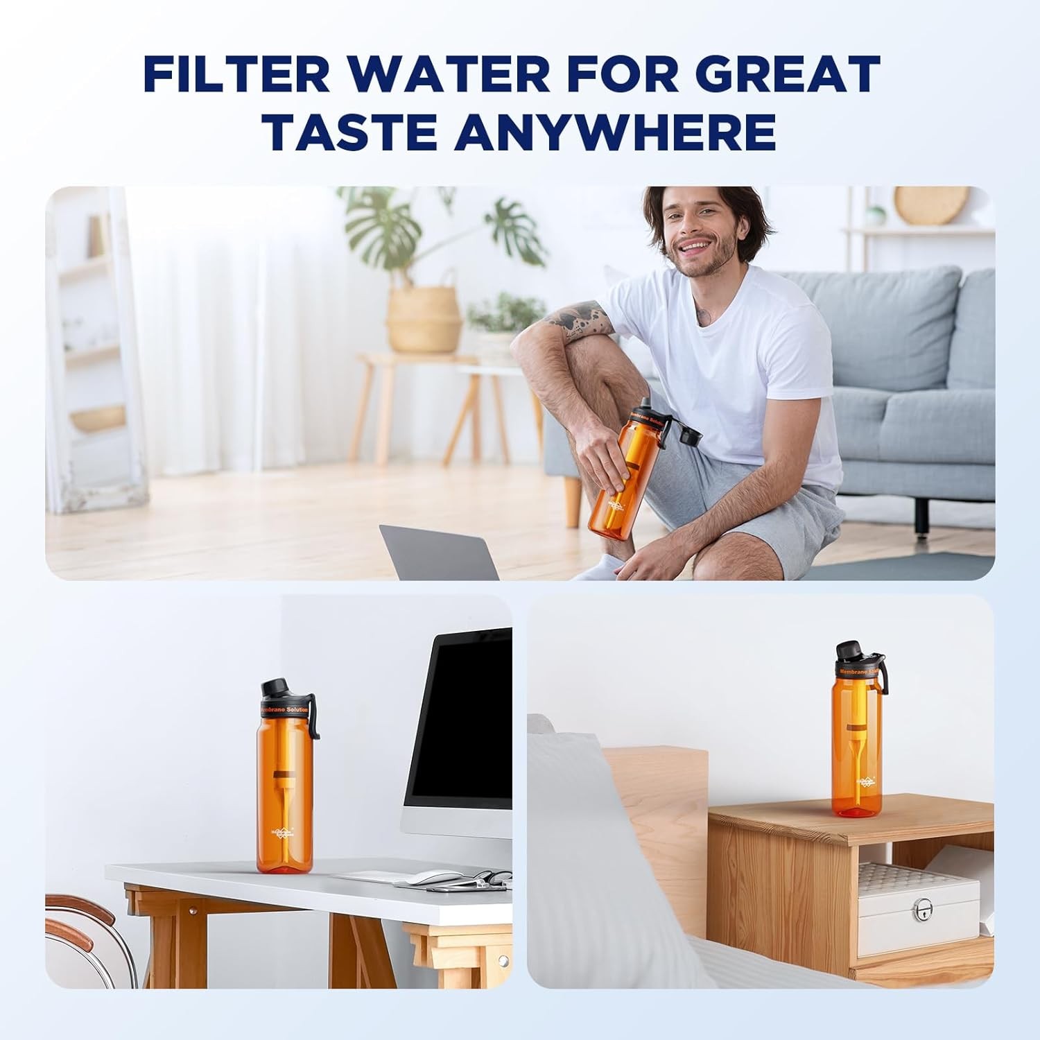 1060mL Water Filter Bottle, 4Stage F Daily Hydration Travel, Orange Translucent