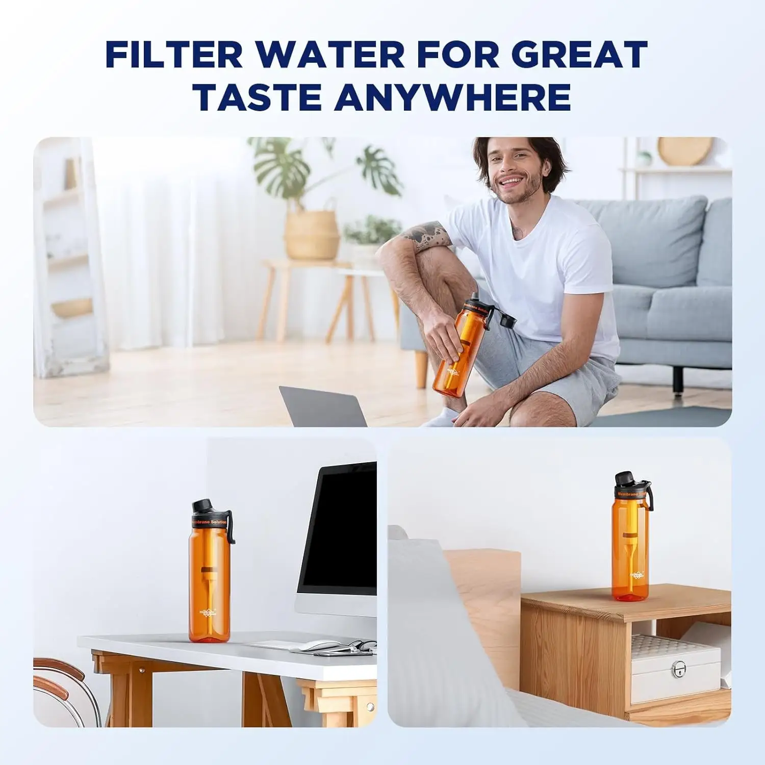 1060mL Water Filter Bottle, 4Stage F Daily Hydration Travel, Orange Translucent