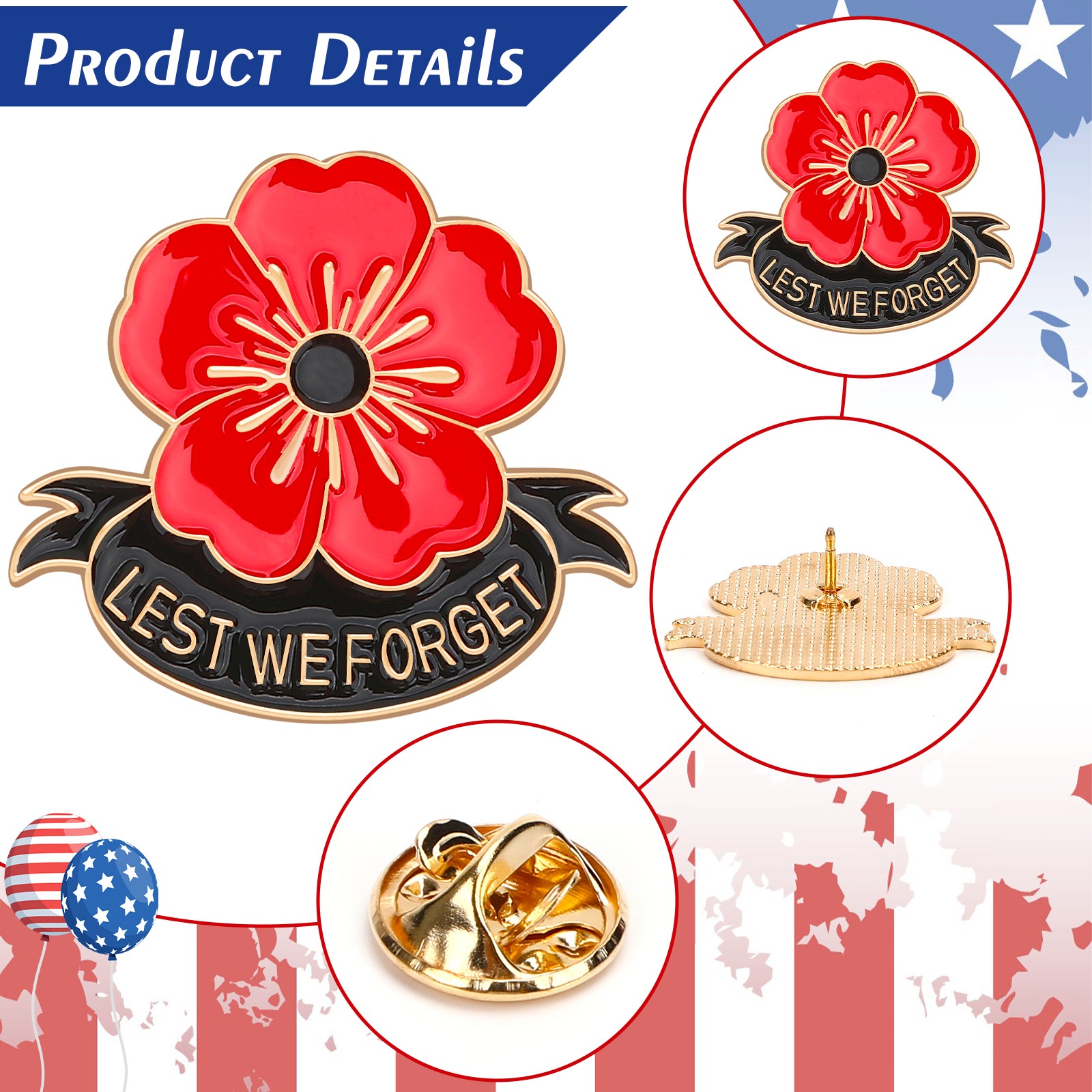 15Pcs Poppy Flower Brooch Pins, Memorial Day Lapel Pin Lest We Forget Enamel — image 7