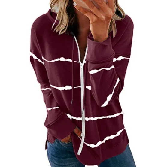 Women's Striped Printed Loose Hooded Sweater Red - Shop at LoveMi
