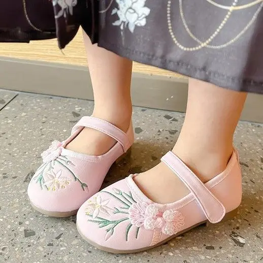 Ancient Style Girls Shoes, New Chinese Style Embroidered Flats, Spring And Autumn Hanfu Traditional Costume Shoes For Kids
