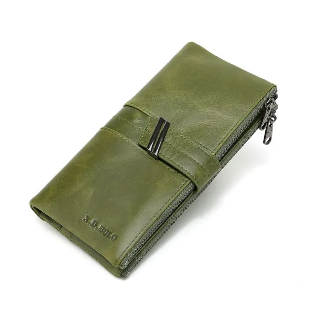 Oil Wax Leather Double Zipper Coin Purse Women's Long Clutch Green - Shop at LoveMi